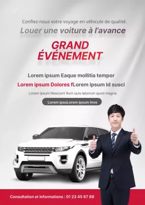 Promouvoir une réduction pour la location d'une voiture avec la photo d'une voiture rouge et grise