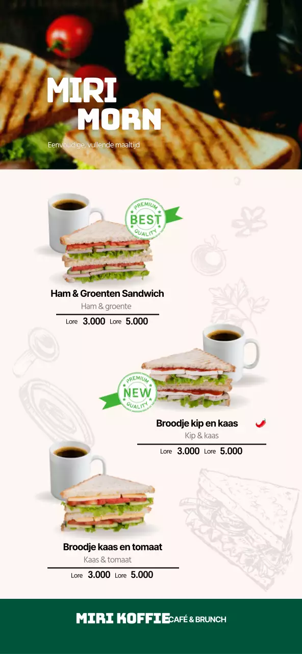 Groene en witte schone sandwichillustratie voor een conceptcafemenu.