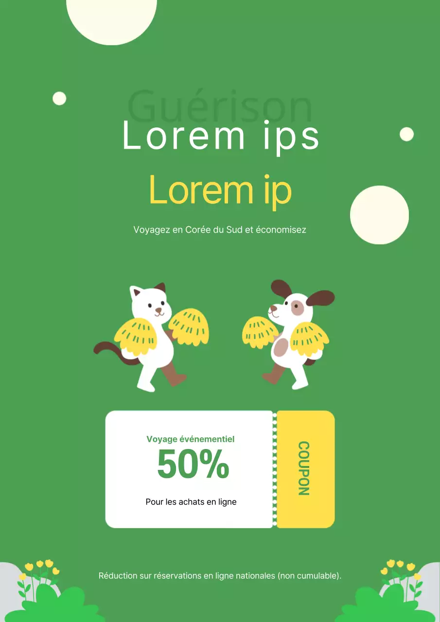 Un joli dépliant vert et jaune faisant la promotion d'un voyage à prix réduit vers une destination touristique.