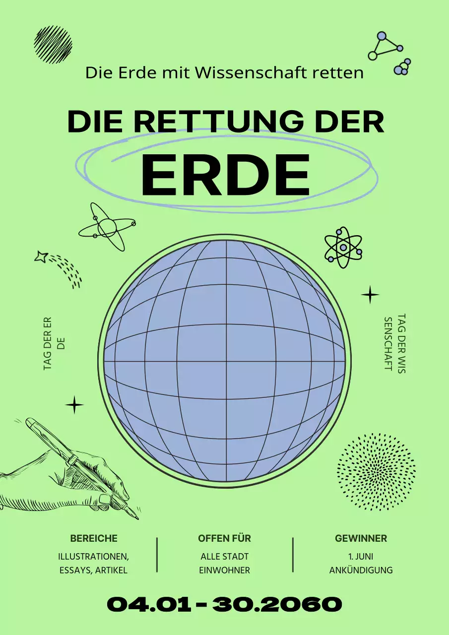 Werben Sie für den Tag der Wissenschaft mit einer handgezeichneten Grafik eines blauen Kreises auf lindgrünem Hintergrund.