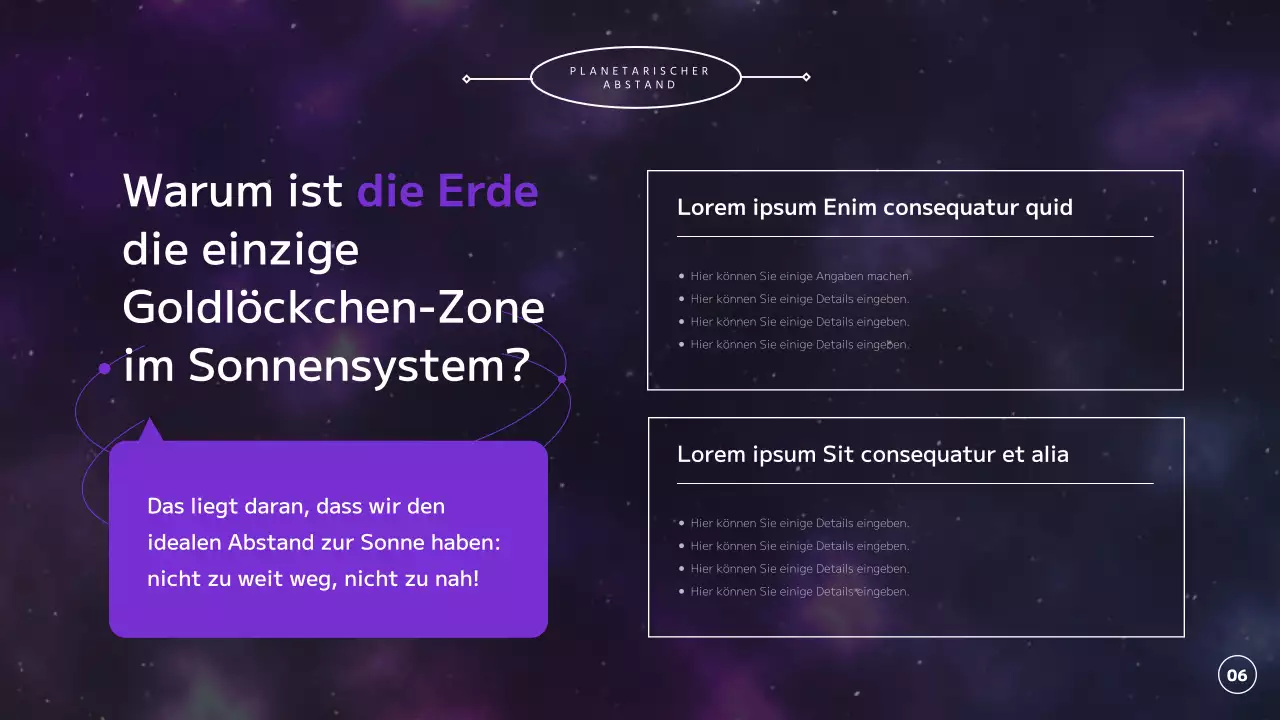 Erkundung des Universums, der Planeten und der Erde in Lila und Schwarz