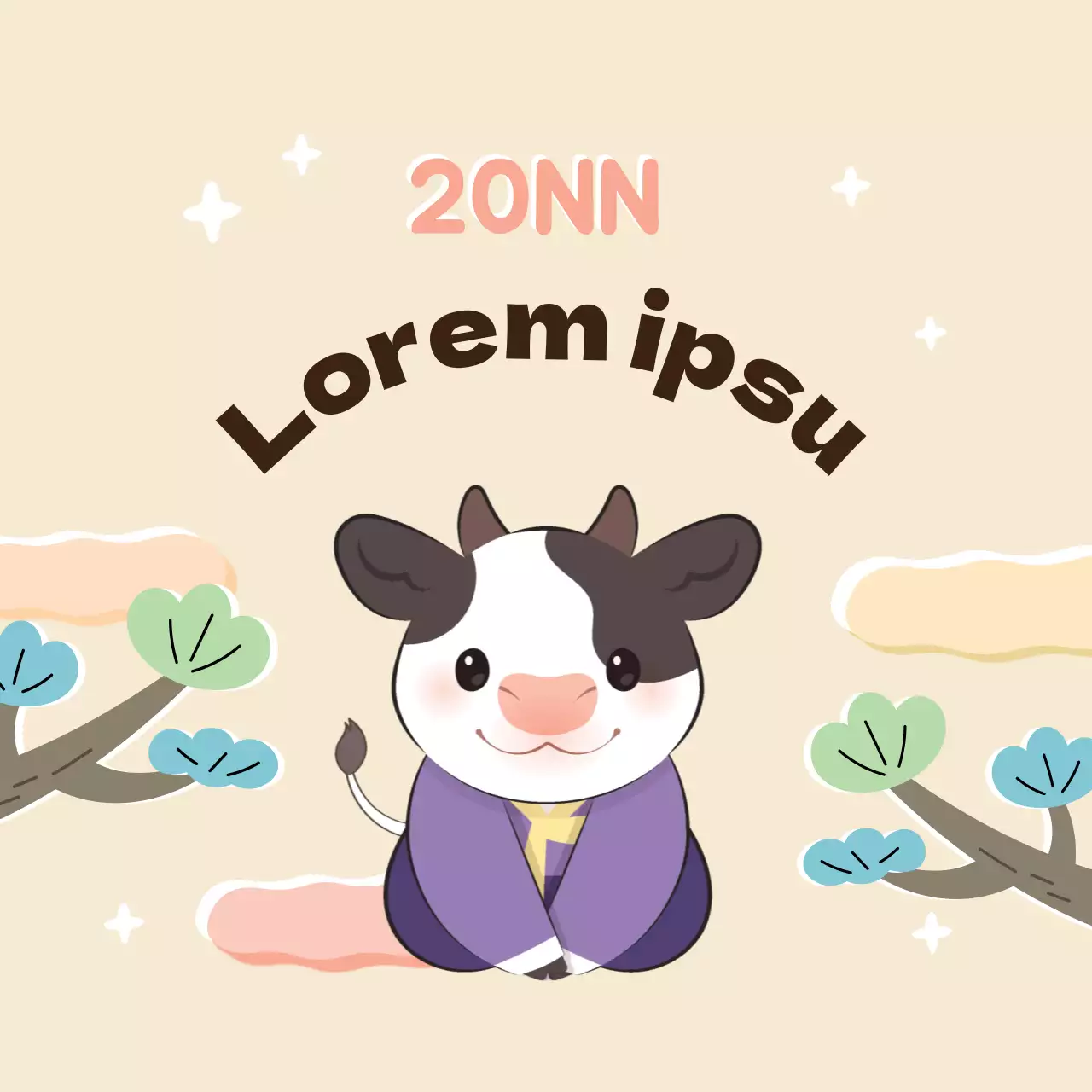 Lila rosa Illustration niedlichen neuen Jahr Gruß Etikett