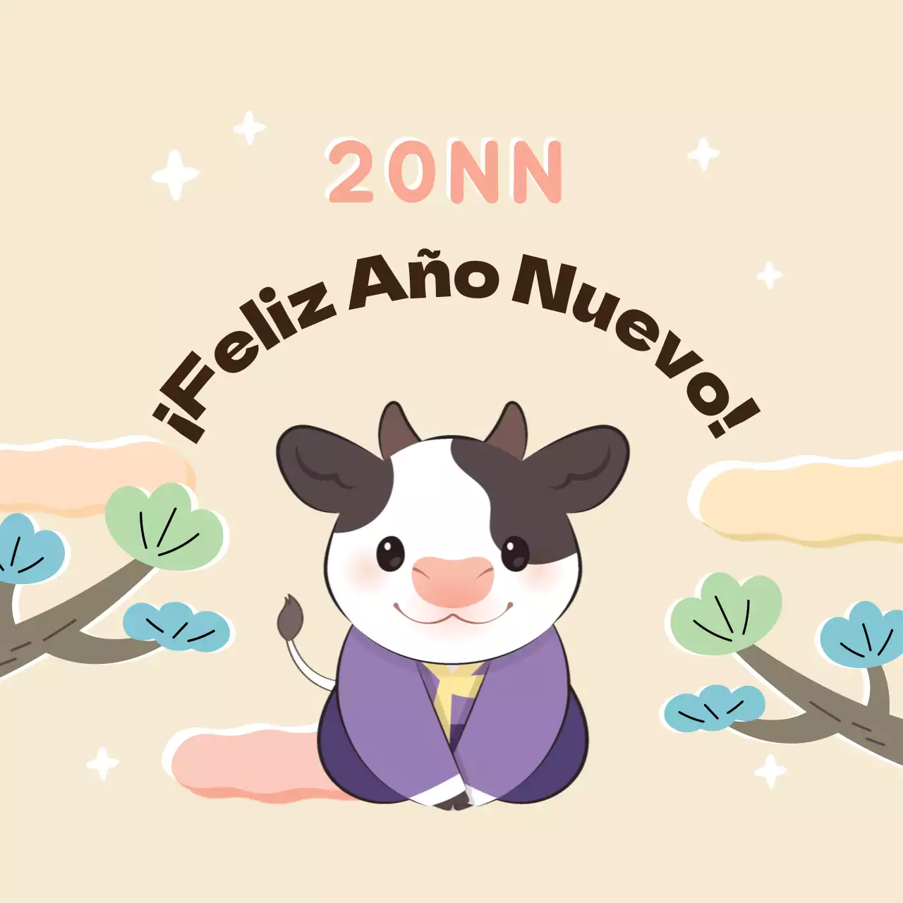 Rosa púrpura ilustración linda etiqueta de felicitación de año nuevo