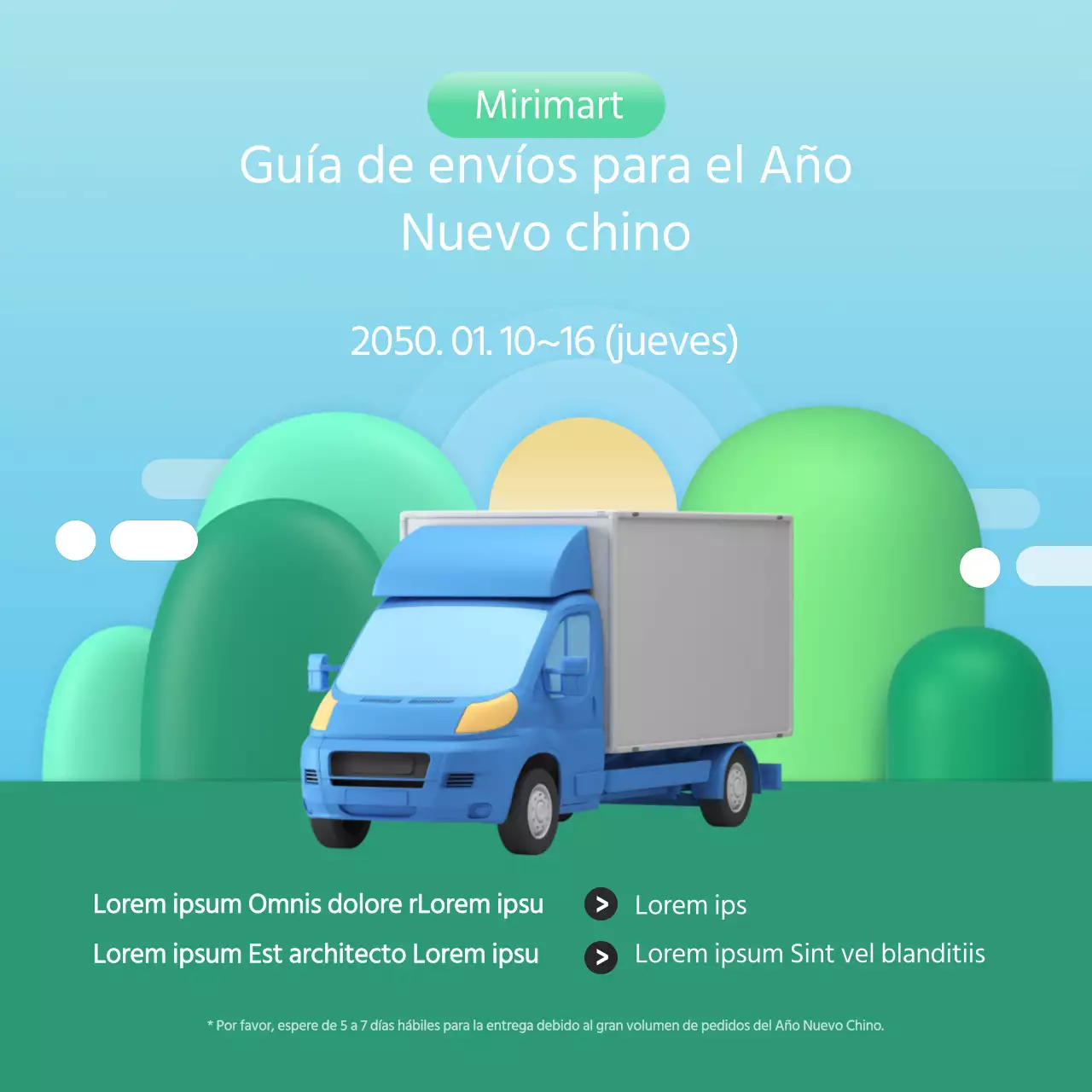 Verde cielo azul lindo camión ilustración para Instagram Año Nuevo Lunar Entrega de vacaciones