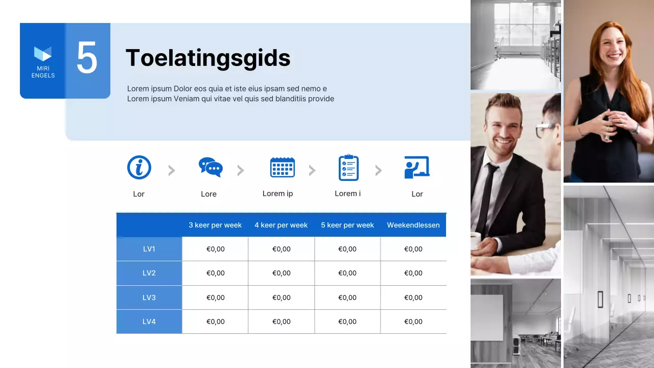 Een eenvoudige blauw-witte zakelijke prospectus voor een Engelse taalschool