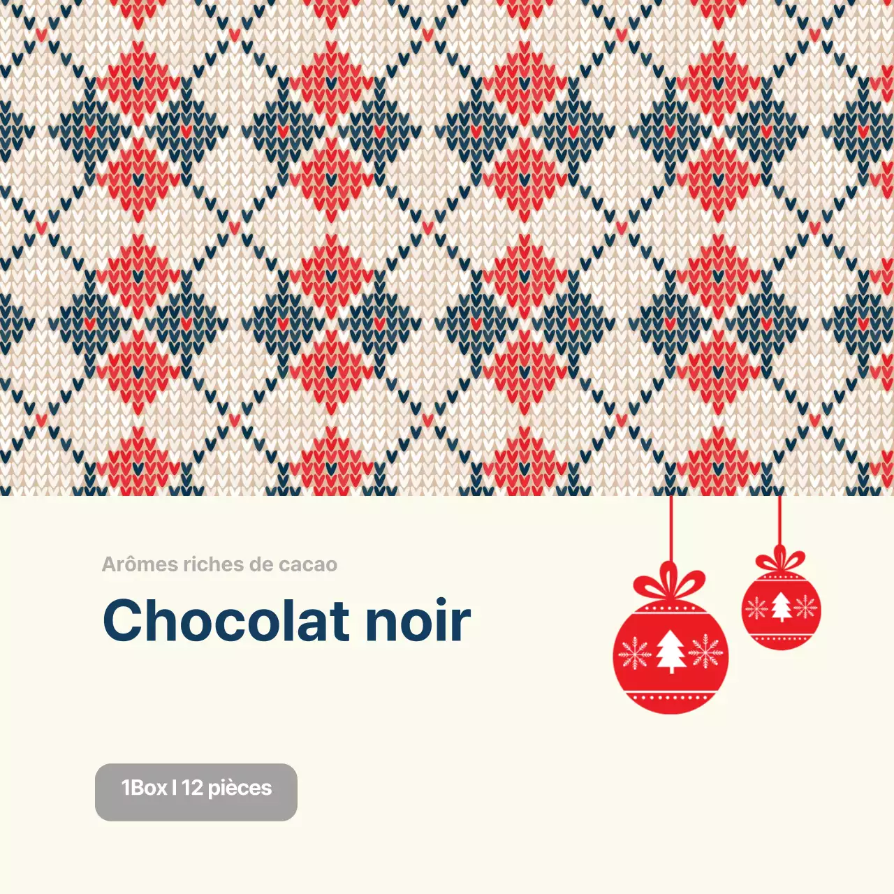Étiquette d'emballage de Noël pour le chocolat, motif tricoté, rouge ivoire et bleu marine