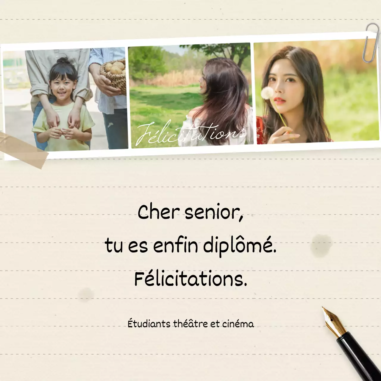 Célébrez l'obtention de votre diplôme avec un concept sentimental écrit à la main dans un cadre en trois couleurs.