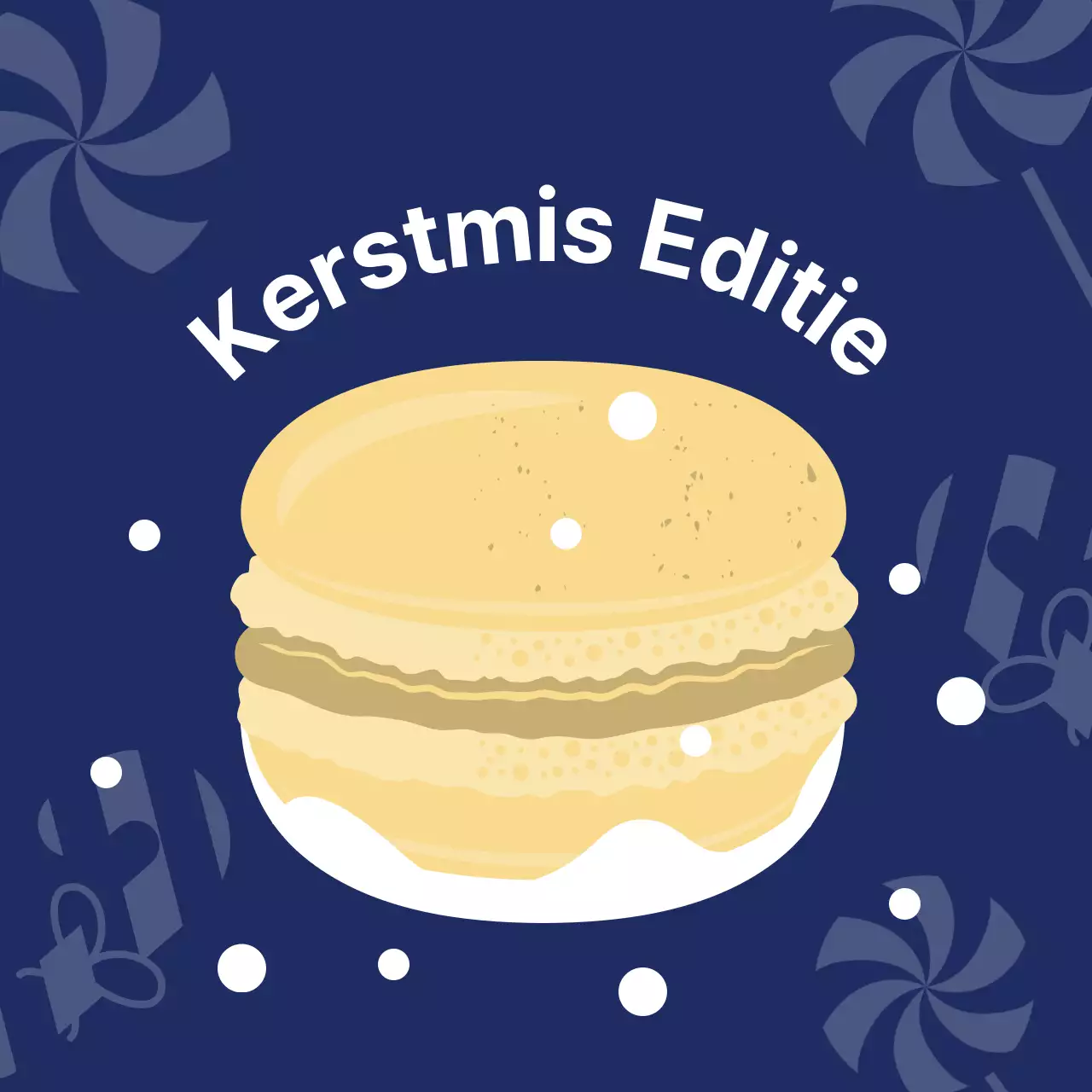 Geel marineblauw illustratie schattig kerst café dessert macaron label