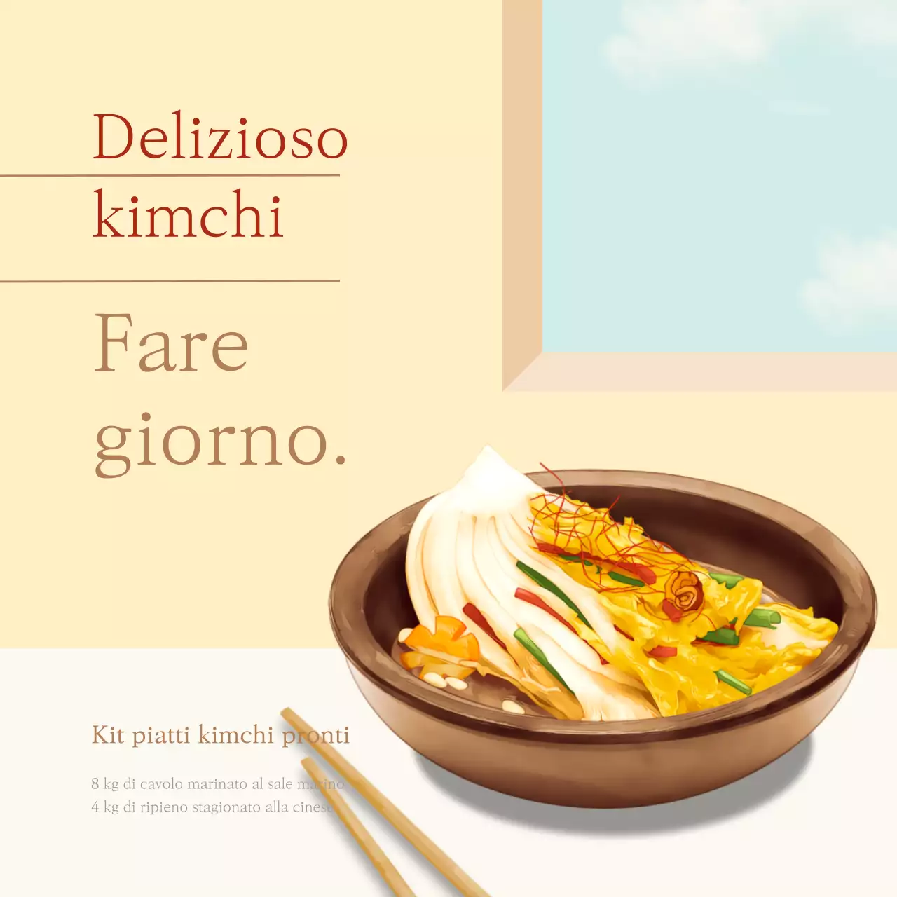 Promuovere un kit pasto minimalista a base di kimchi giallo e marrone