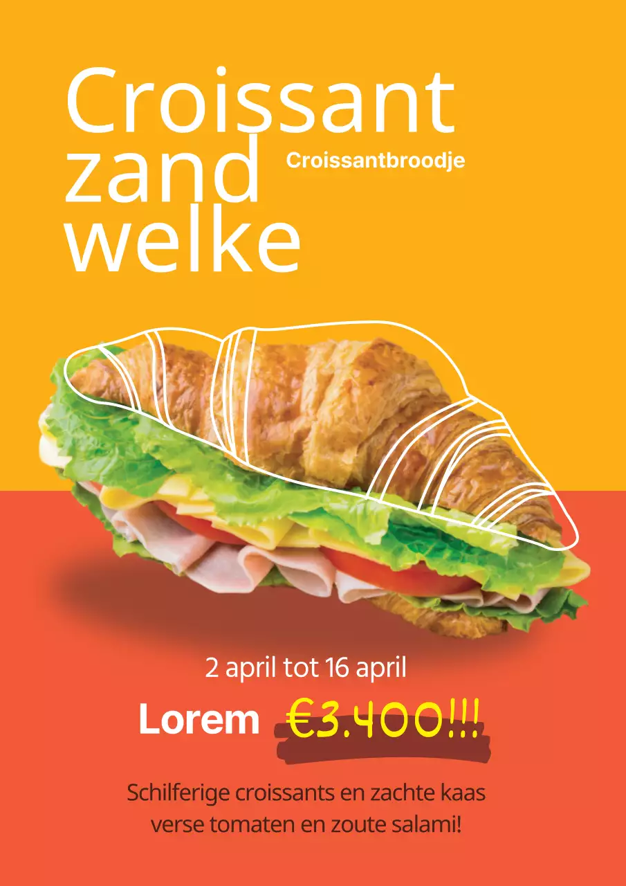 Eenvoudige croissant sandwich kortingsmenu flyer in oranje