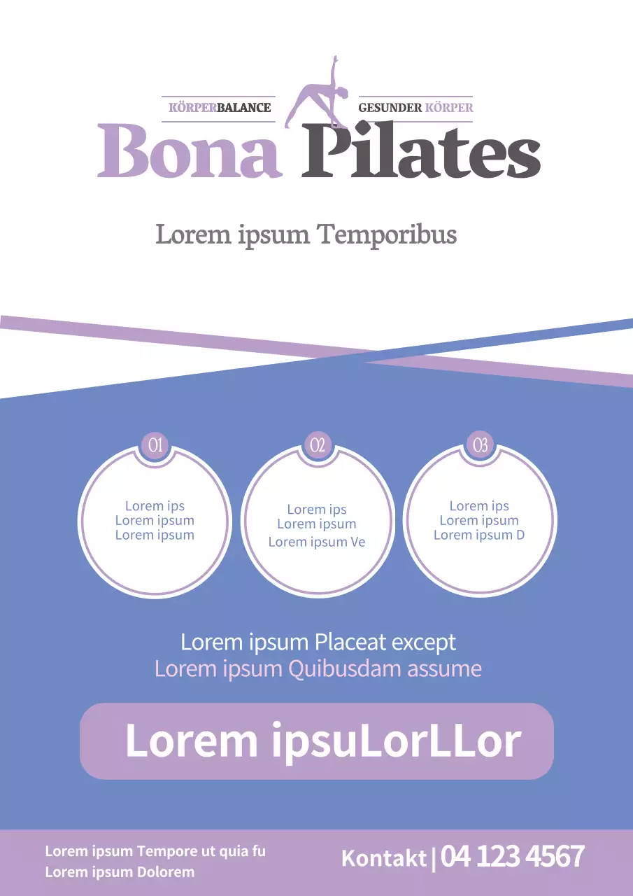 Werbung für eine einfache Pilates-Schule mit lila Linien und Formen