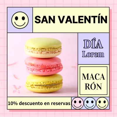 Descuento en macarons de San Valentín con sonrisa rosa vivo concepto de mesa irregular