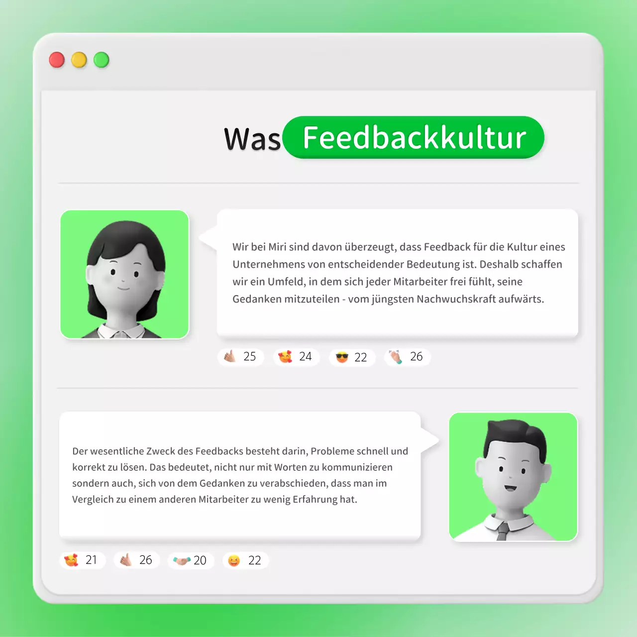 Feedback von Unternehmen zum Konzept eines neongrünen internen Chat-Fensters