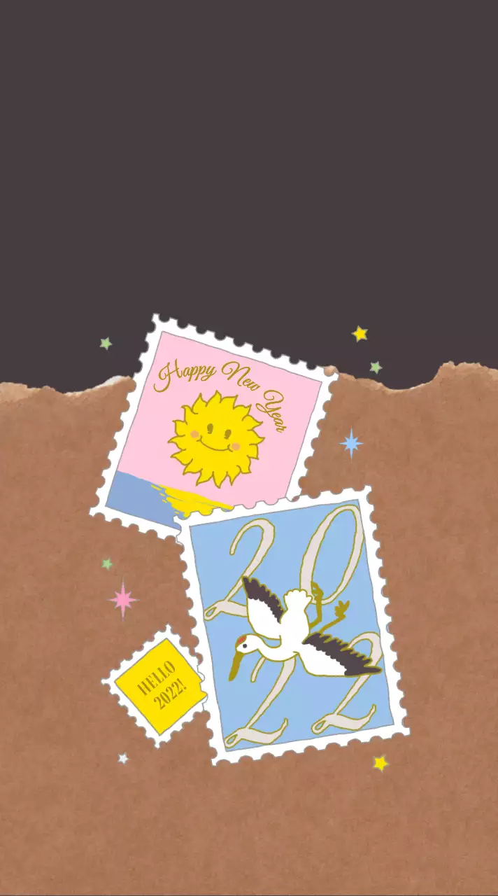 Cute illustration style in pink and light blue brown New Year's stamp collage for personalized gifts.