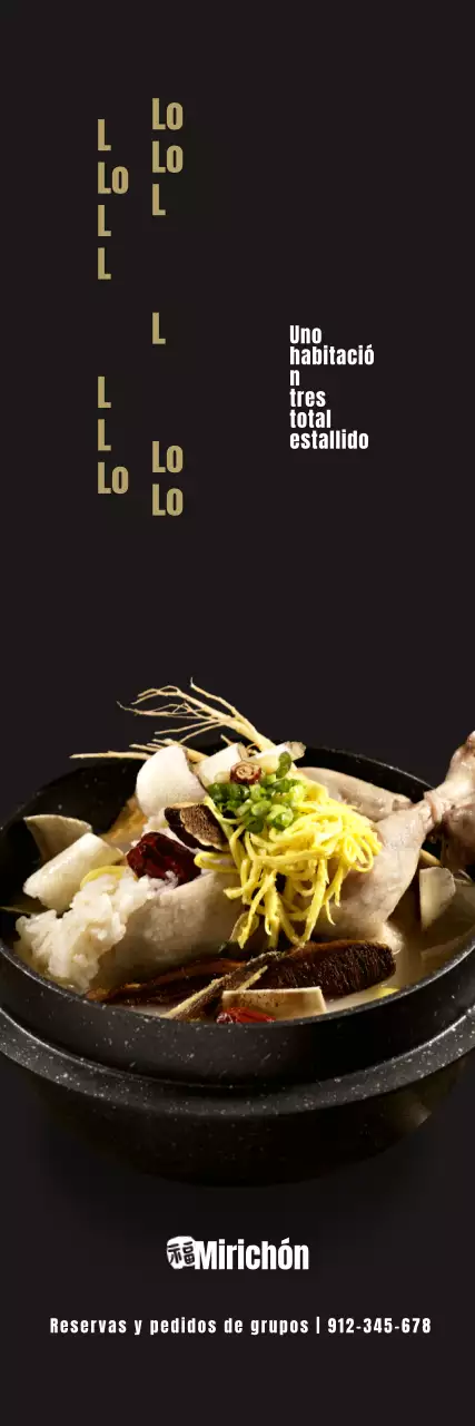 Promocione un lujoso menú samgyetang con una fuente caligráfica sobre fondo negro