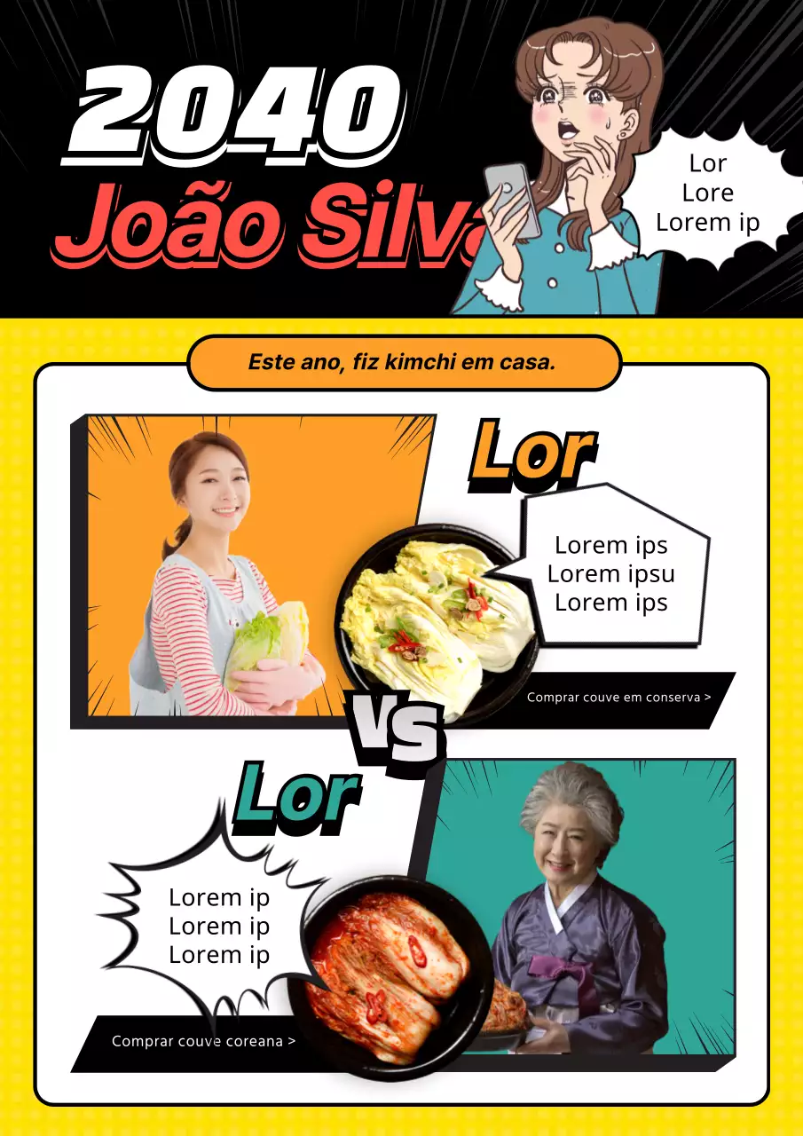 Promover descontos em ingredientes de cozinha com um conceito de banda desenhada a preto e amarelo