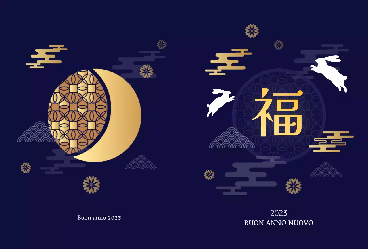 Biglietto d'auguri per il nuovo anno in blu navy e oro