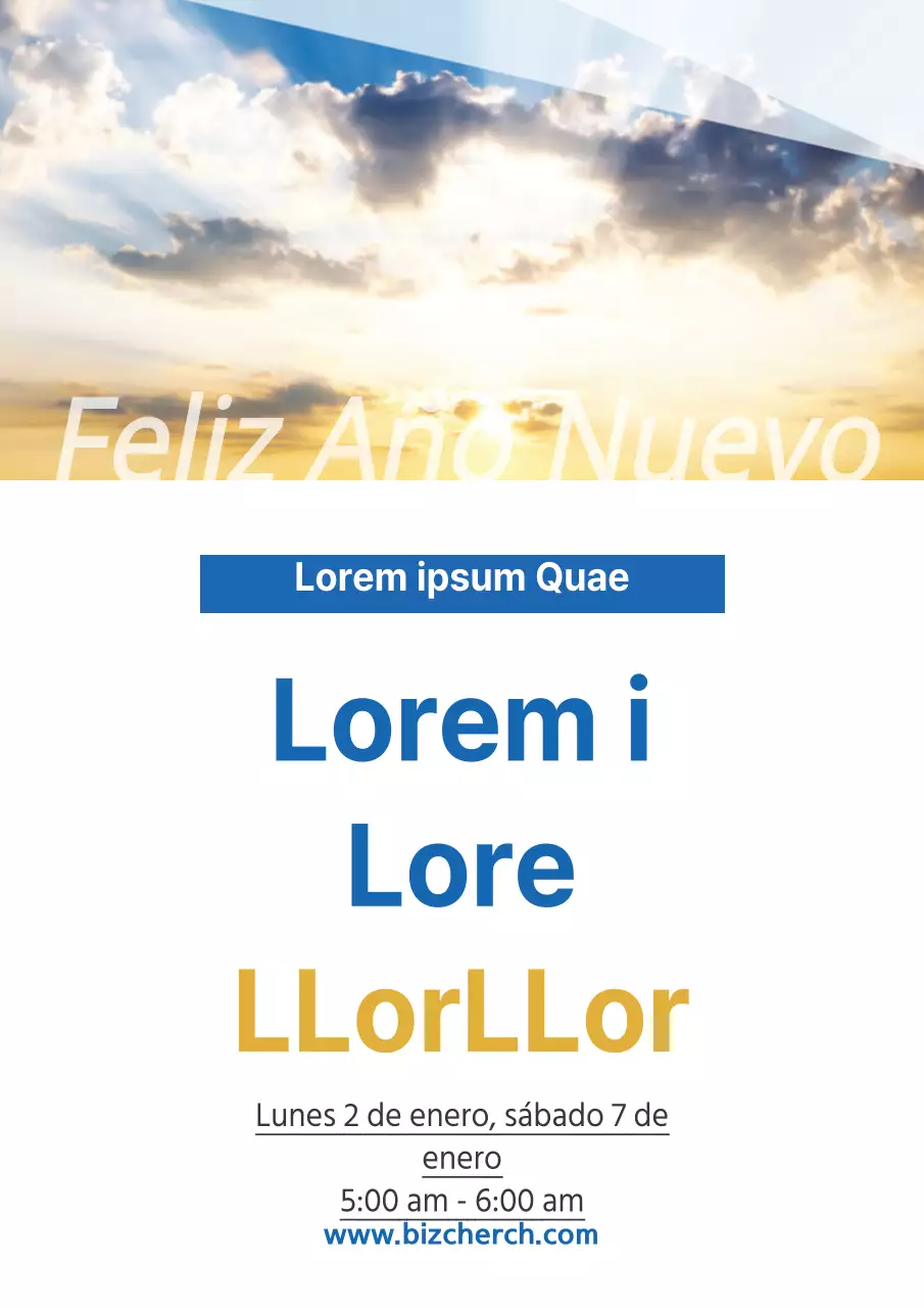Promociona la oración matutina especial de Año Nuevo de una sencilla iglesia con una foto del cielo azul y amarillo