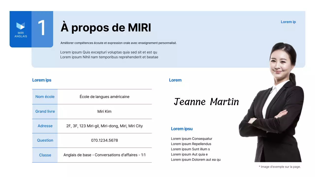 Un simple prospectus bleu et blanc pour une école de langue anglaise