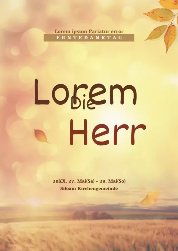 Bewerben Sie herbstliche Gottesdienste mit Fotos von gelben Herbstfeldern und fallenden Blättern
