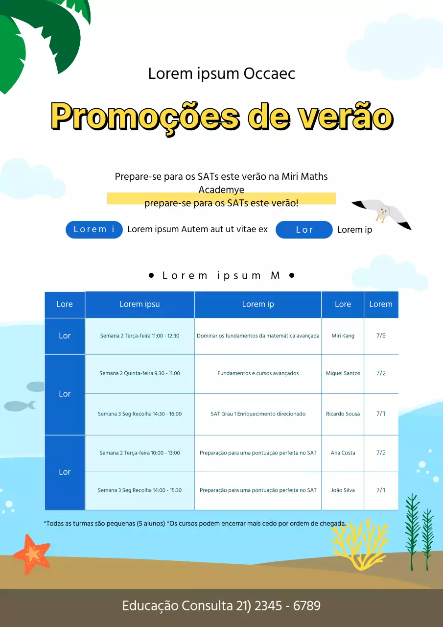 Um bonito folheto em tons de azul a anunciar o calendário das aulas de verão