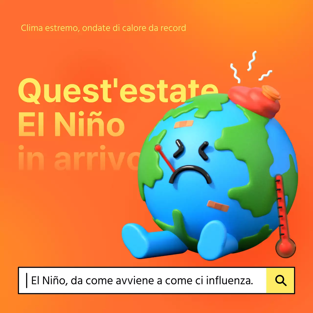 Storia del cambiamento climatico con sfondo arancione e giallo sfumato e illustrazioni 3D