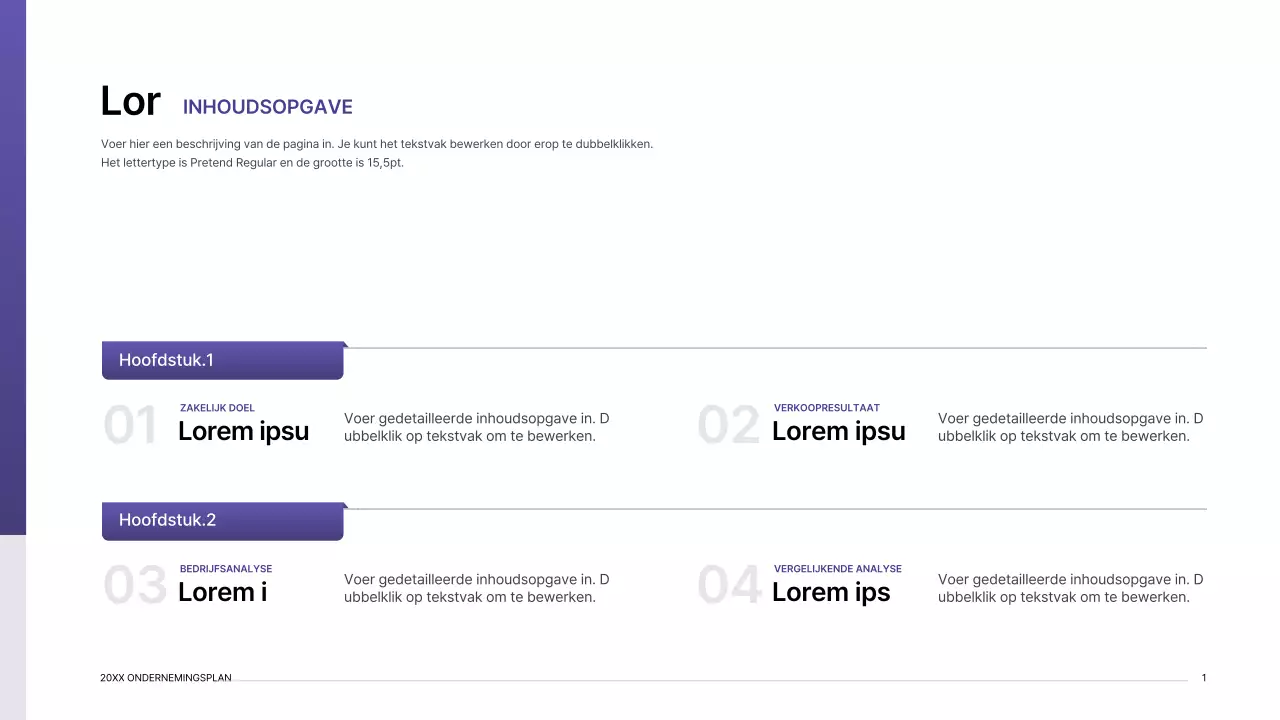 Presentatiepakket ondernemingsplan met paars verloop indexconcept