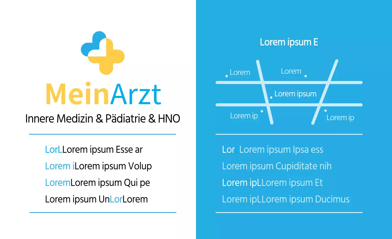 Einfaches, sauberes Krankenhauslogo und Textkombination in gelbem und blauem Layout-Stil mit Krankenhausinformationen