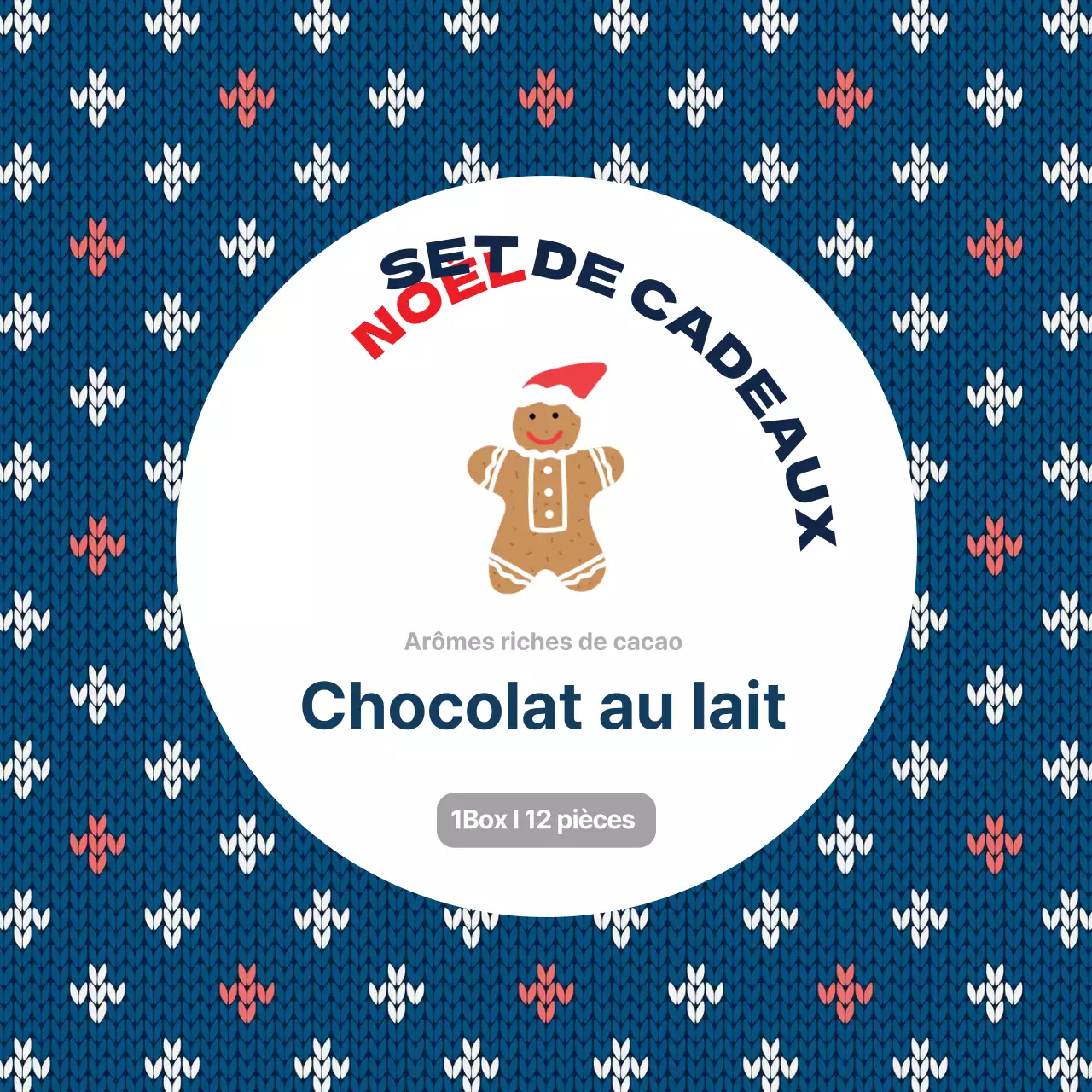 Étiquette d'emballage de chocolat de Noël à motif tricoté bleu ivoire