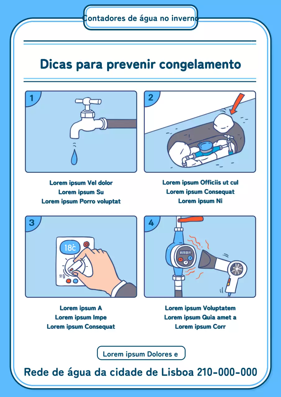 Ilustração das instruções de prevenção da congelação da água a azul claro