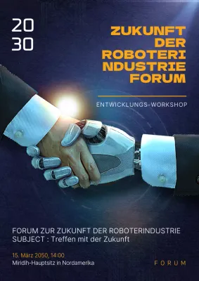 Robotik-Forschungsforum-Poster mit einem Roboter und einem Menschen, die sich die Hände schütteln, auf einem marineblauen, körnig strukturierten Hintergrund.