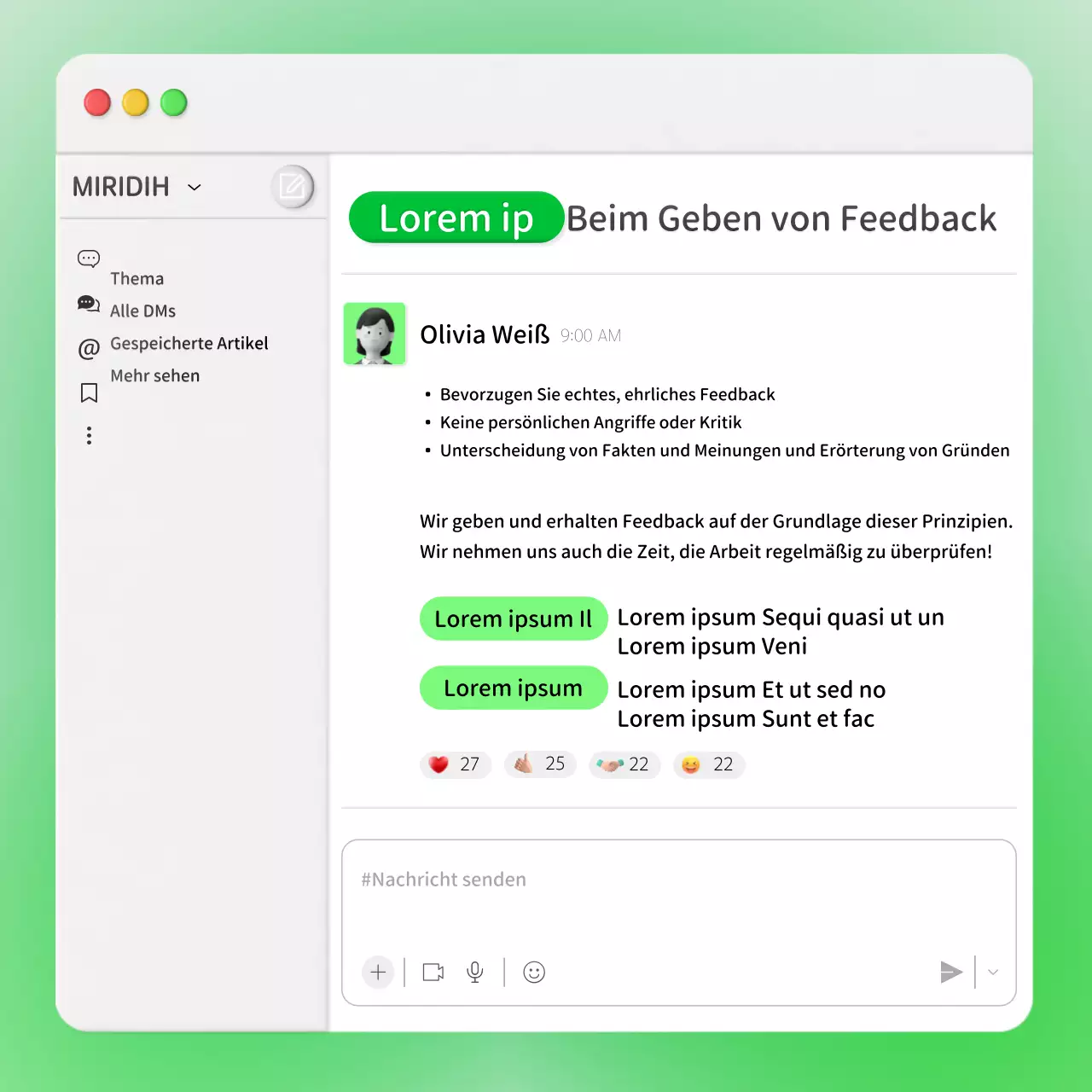 Feedback von Unternehmen zum Konzept eines neongrünen internen Chat-Fensters