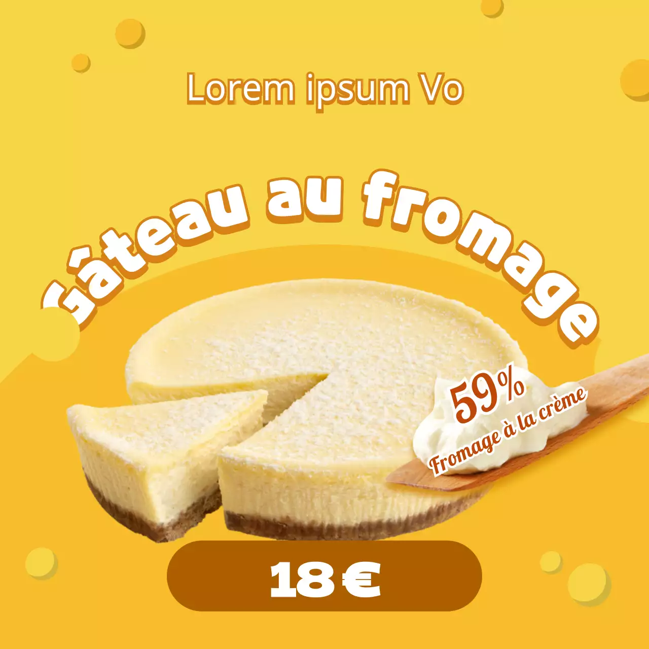 Un mignon gâteau au fromage sur fond de fromage jaune avec un guide des prix