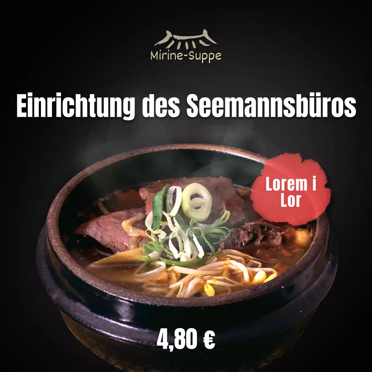 Seonji Haejangguk Menü Social Media Quadrat auf schwarzem Hintergrund