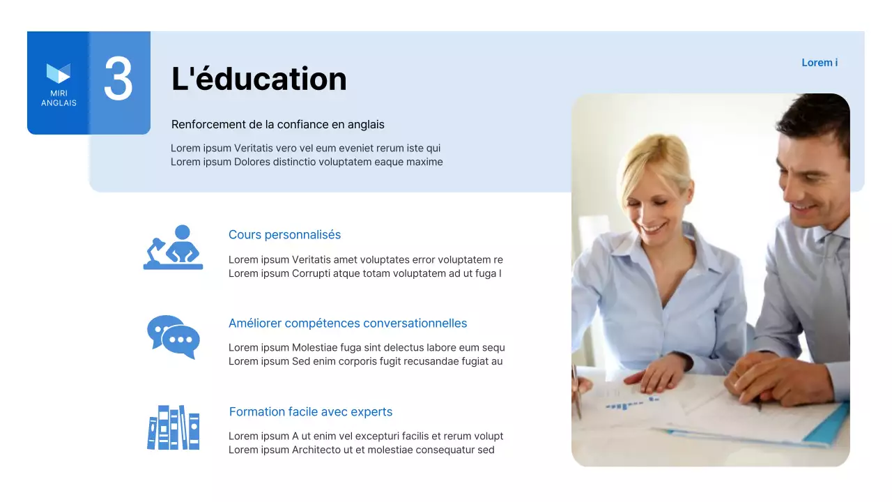 Un simple prospectus bleu et blanc pour une école de langue anglaise