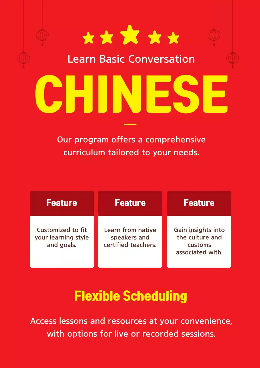 A simple red and yellow flyer for a Chinese language school.