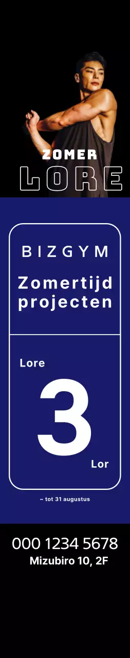 Windbanner voor zomerevenement met blauwe vierkanten en een atletische man op een zwarte achtergrond