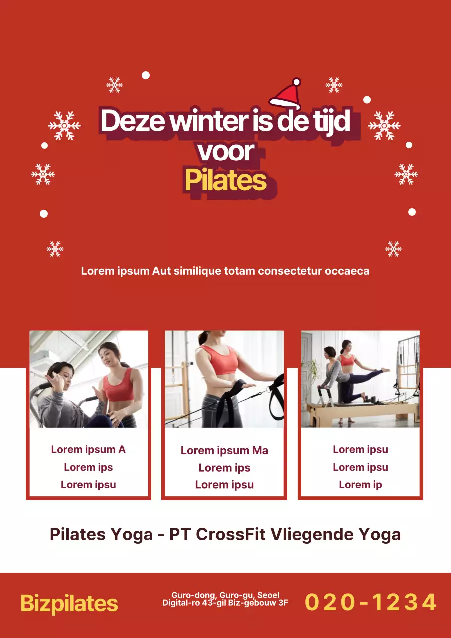 Promotie voor een Pilatesschool in een winterconcept met een foto van een Pilatesles in rood.