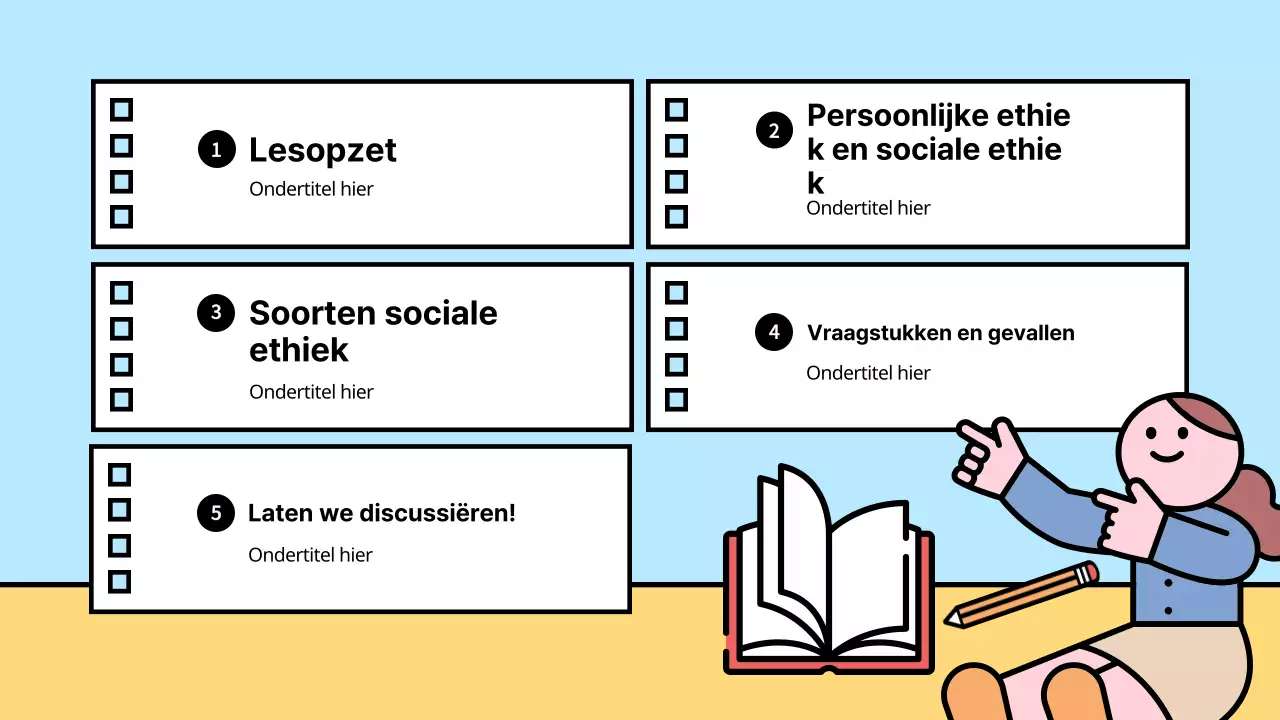 Heldere en schattige illustraties over het leven en ethiek