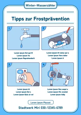 Illustration der Anweisungen zur Verhinderung des Einfrierens von Wasser in hellblauer Farbe