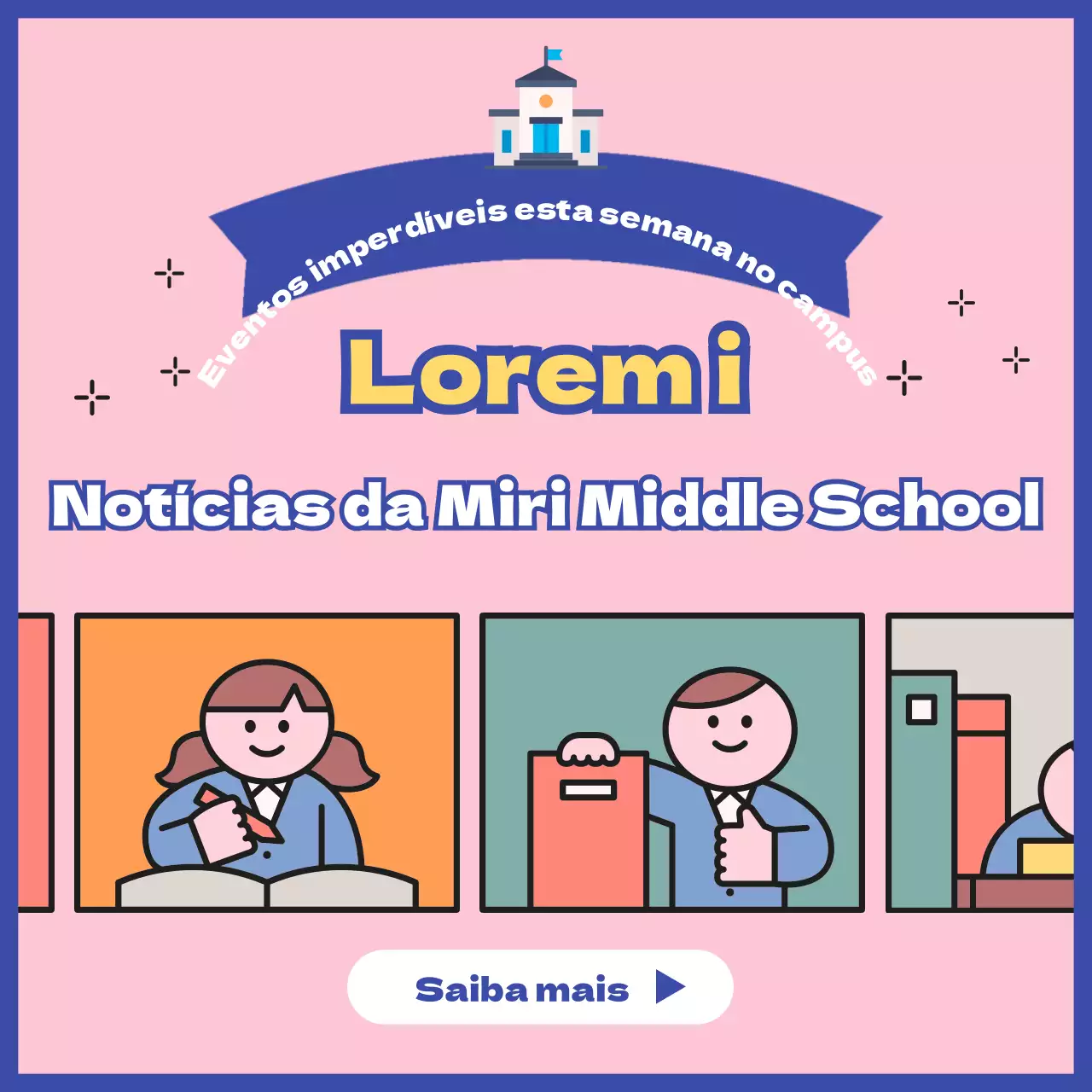 Notícias da escola secundária com ilustrações giras sobre um fundo cor-de-rosa
