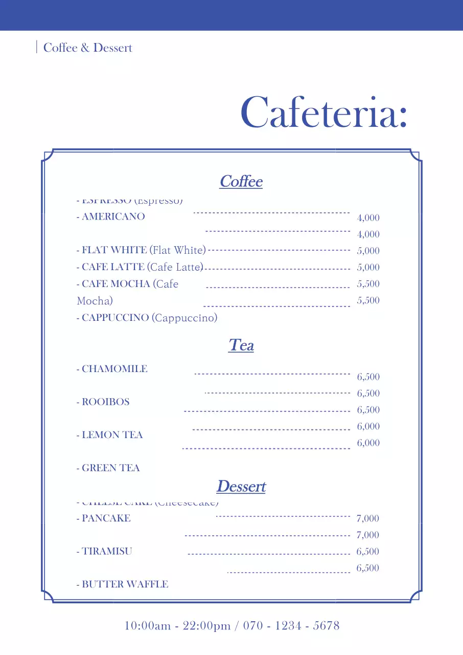 Thực đơn quán cà phê dọc với phông chữ Myeongjo màu xanh, sạch sẽ.