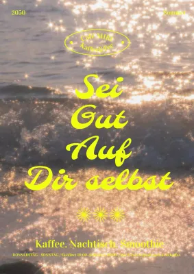 Einfaches Werbeplakat für ein Café mit Meereshintergrund und gelbem Text