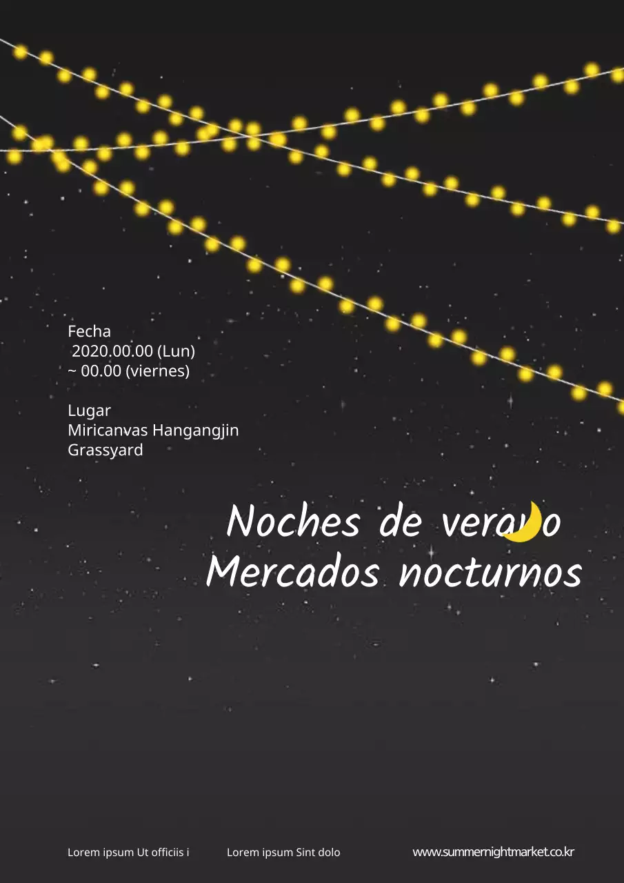 Promociona un mercado nocturno con una ilustración amarilla y blanca de una bombilla en el cielo nocturno