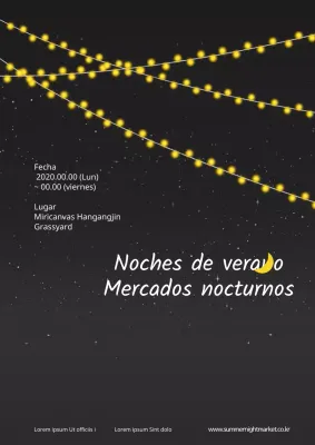 Promociona un mercado nocturno con una ilustración amarilla y blanca de una bombilla en el cielo nocturno