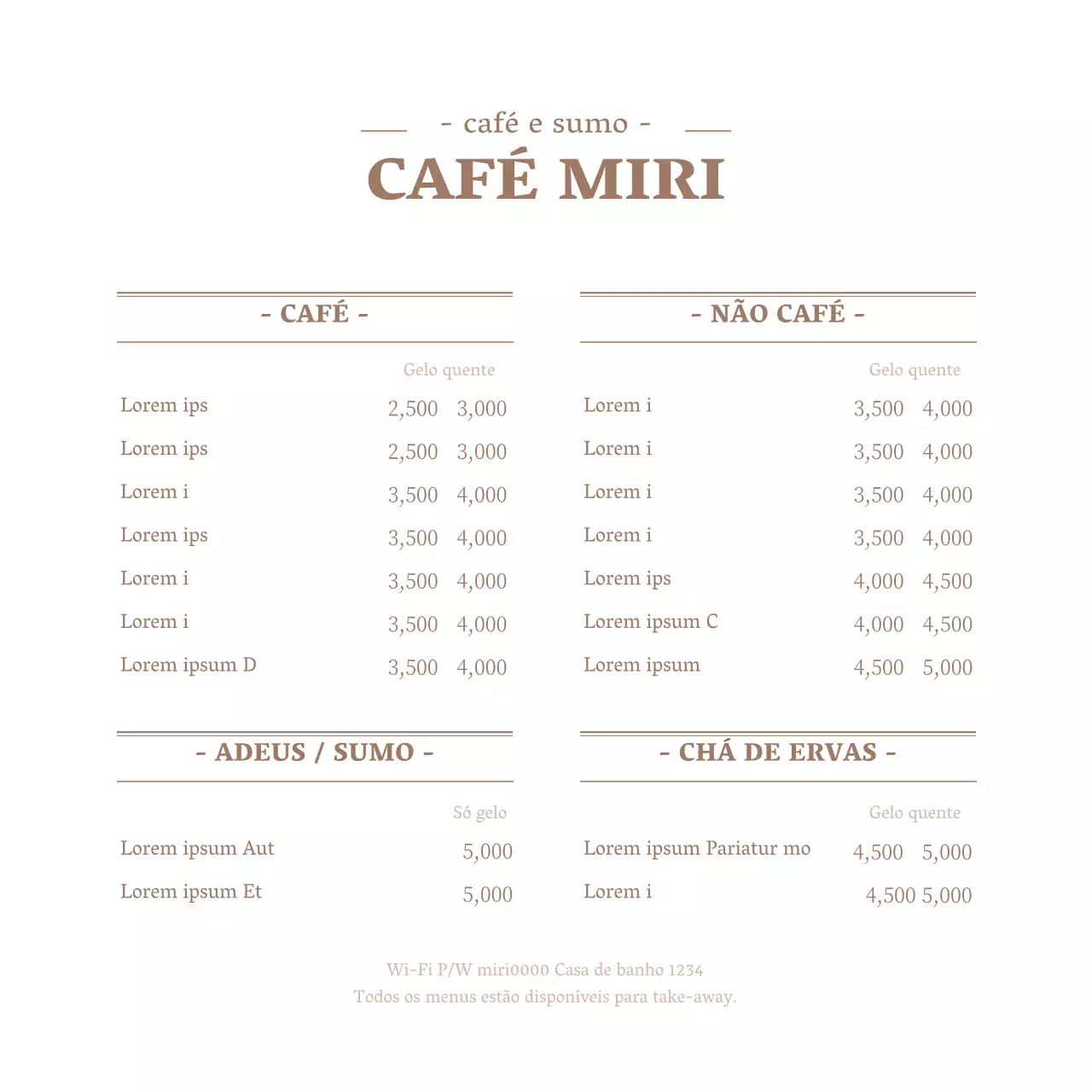 Um conceito de menu de café limpo, branco e castanho, com uma lista de preços.