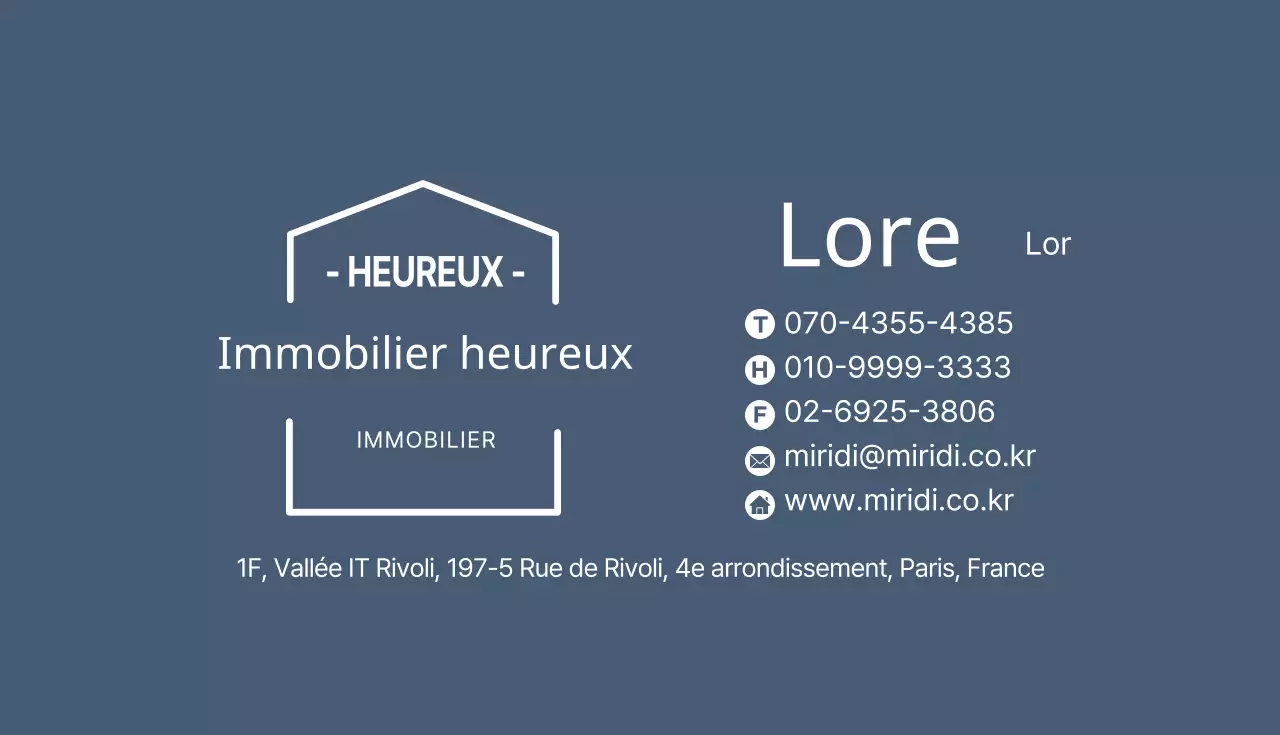 Carte de visite immobilière illustrée en blanc et bleu marine