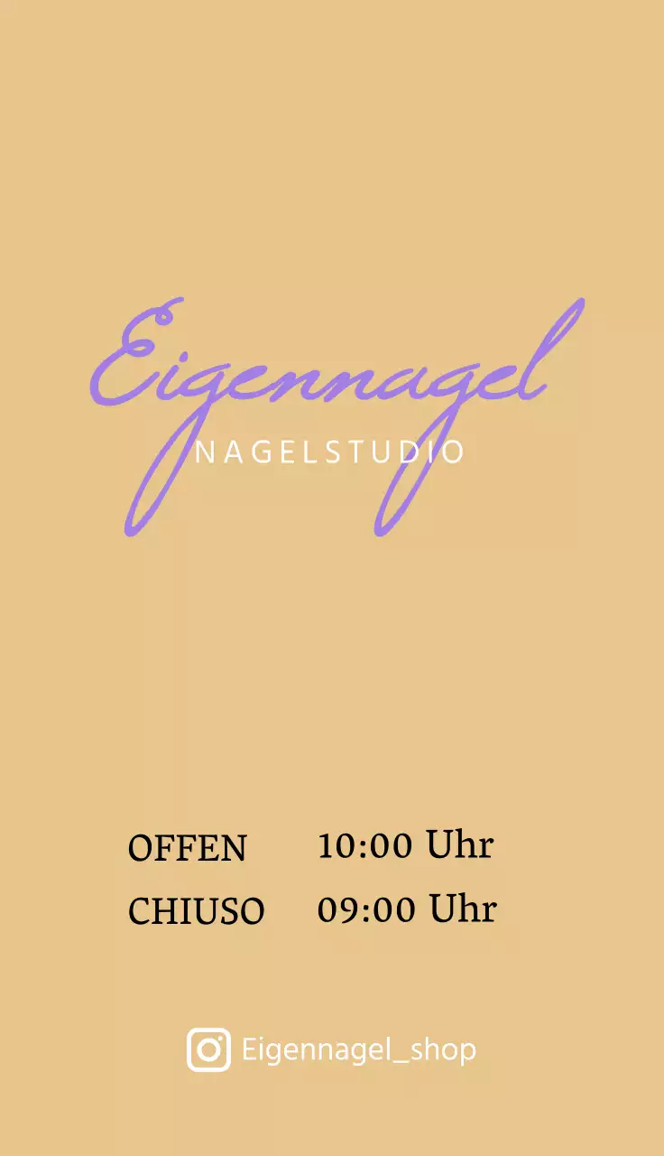 Werbung für ein Nagelstudio mit lila-weißem, handgeschriebenem Design