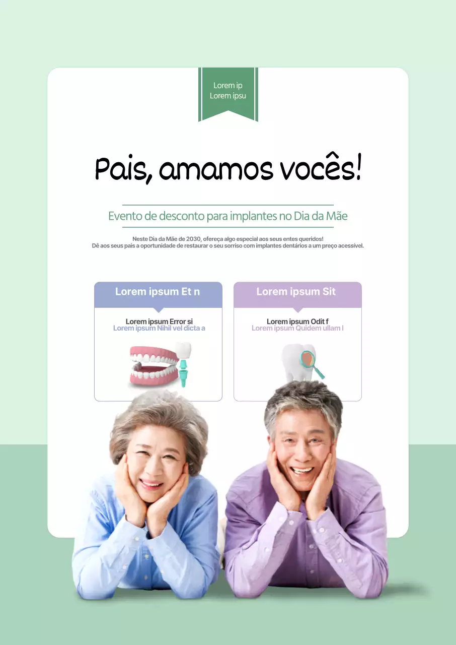 Venda de implantes dentários de um dentista com uma fotografia de um casal de idosos feliz, cor de menta