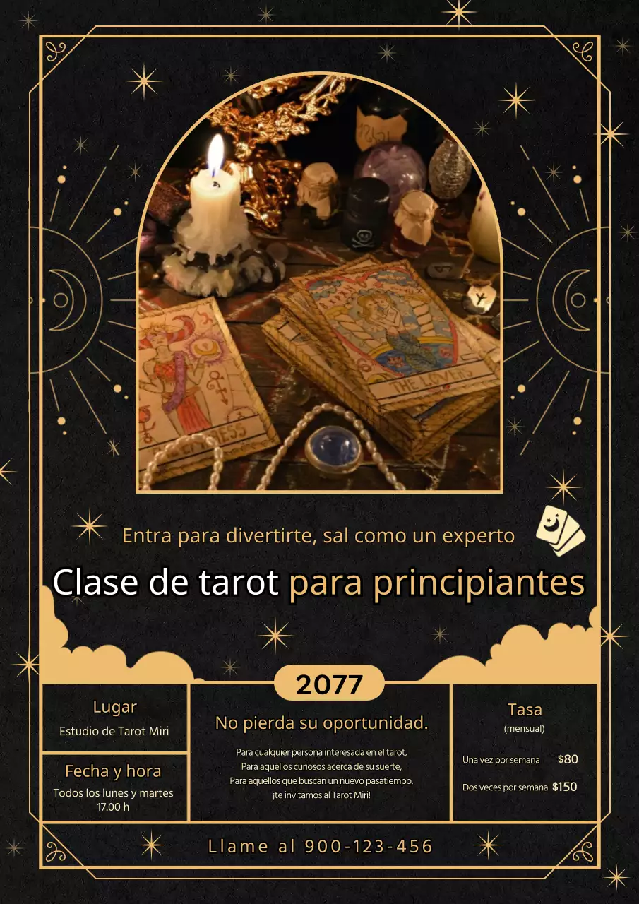 Anuncio de clase de tarot con líneas doradas sobre fondo negro